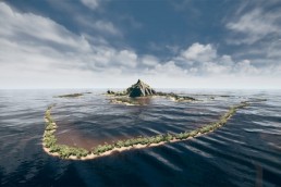 An computer generated image of an island in tropical seas.