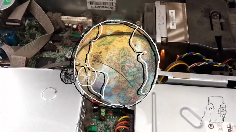 A mixed media image including the mucky insides of an electronic device, a globe and a line drawing of a hand clutching a phone
