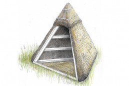 A hand-drawn and coloured image of a pyramid-shaped shelter, comprised of a wooden frame and thatched hay