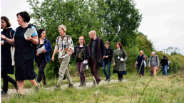 A group of people walk through the countryside, talking in pairs