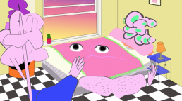 An animation still, depicting a colourful bedroom, where a pink bedspread has eyes and the floor is checkered black and white. The walls are pale yellow, and a hand reaches towards the scene.