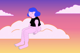 An animation still of a woman with lilac hair, wearing only a tshirt with short hairs on her legs, sitting on a cloud in a colourful pink and purple sky.