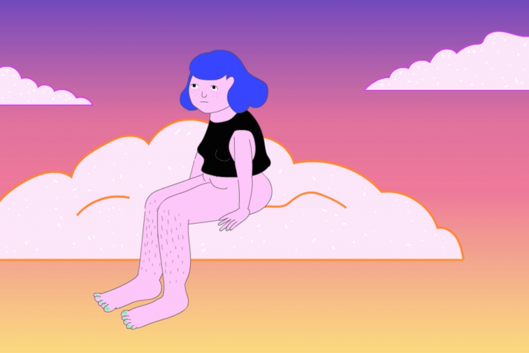 An animation still of a woman with lilac hair, wearing only a tshirt with short hairs on her legs, sitting on a cloud in a colourful pink and purple sky.
