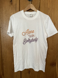 white t shirt reading alone with everybody script typeface in purple and orange